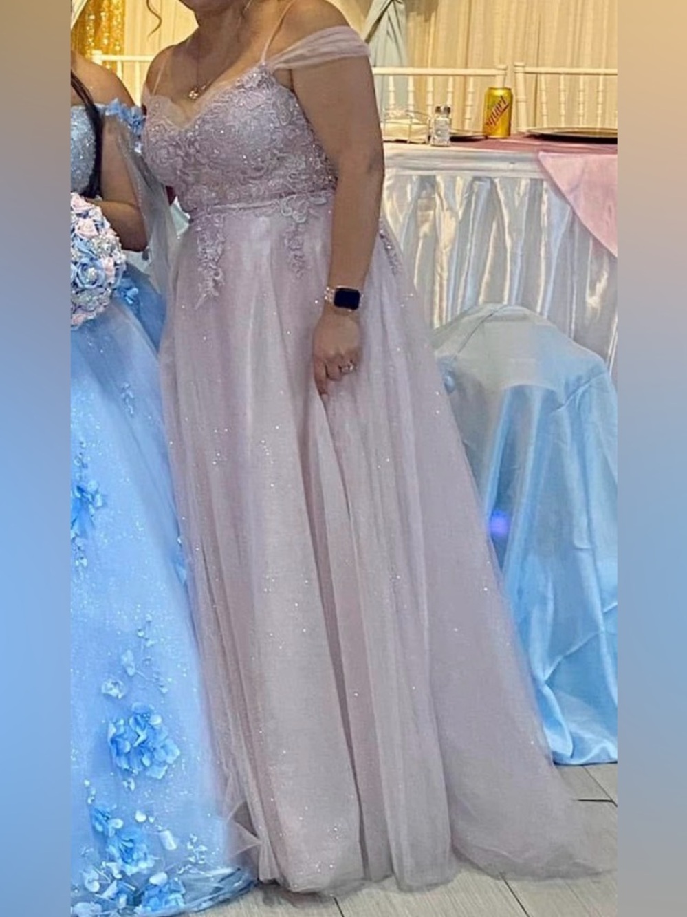 Off-Shoulder Sparkle Maxi Skirt in Light Lilac